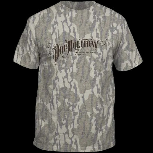 A short-sleeve crewneck t-shirt featuring a gray and beige bark camouflage pattern, with a distressed black graphic on the chest that reads 'Doc Holliday'.