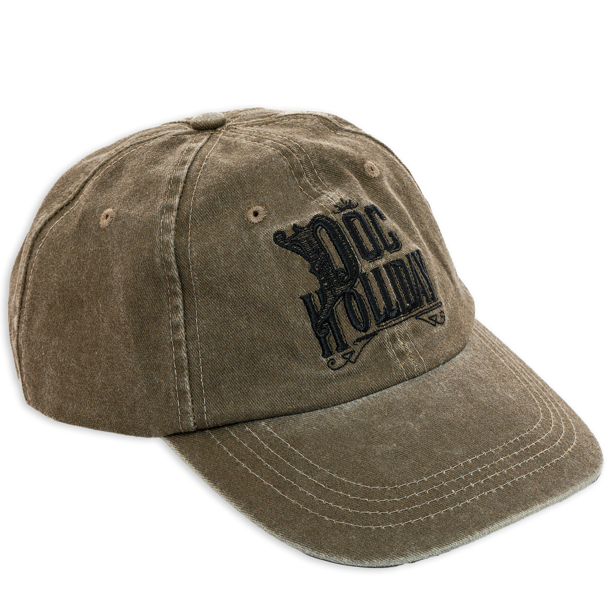 A washed olive-brown baseball cap with black embroidered text reading 'Doc Kowalski' on the front, shown on a plain white background.