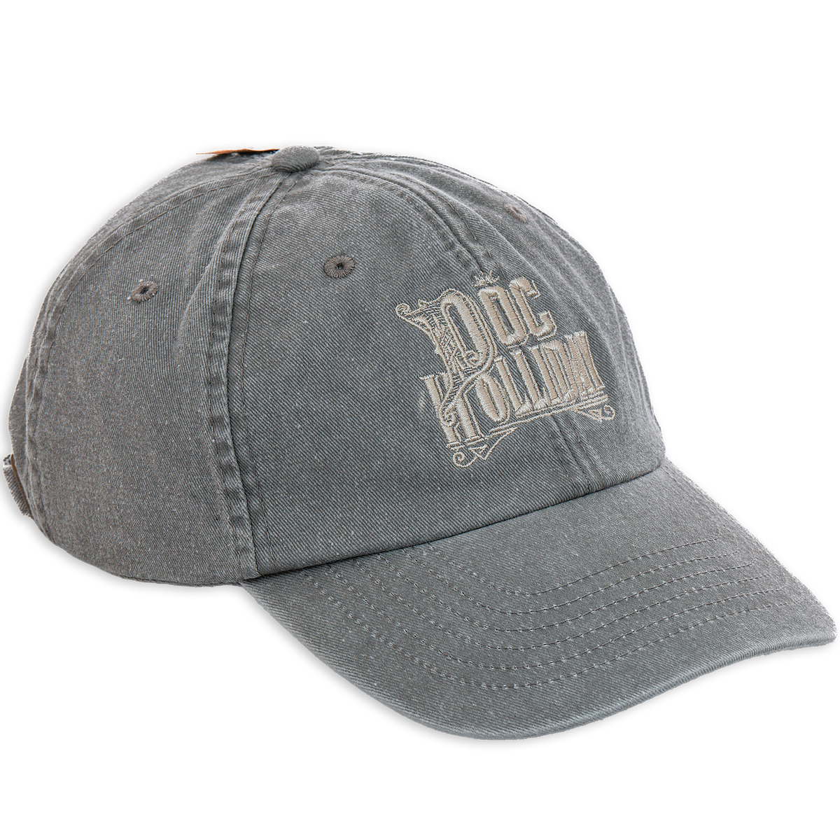 A washed gray baseball cap with 'DOC HOLLIDAY' embroidered in a distressed beige font on the front, shown against a plain white background.